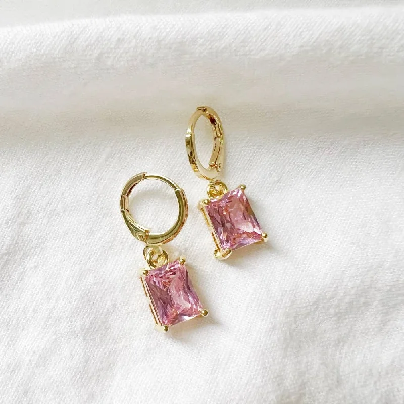 Two-tone earrings-Arden Pink CZ Baguette Huggie Hoops Gold Filled Earrings