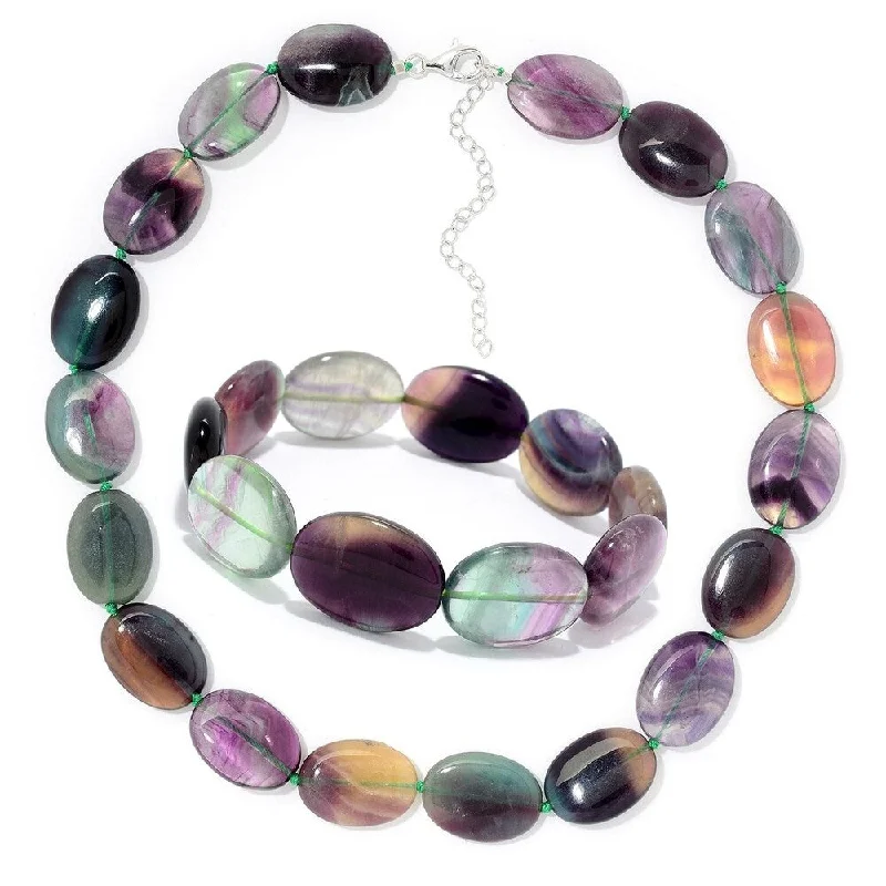 Antique bronze necklaces-Sterling Silver 18" Multi Fluorite Beaded Necklace & Bracelet Set