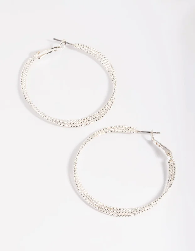 Square stud earrings-Silver Textured Criss Cross Hoop Earrings