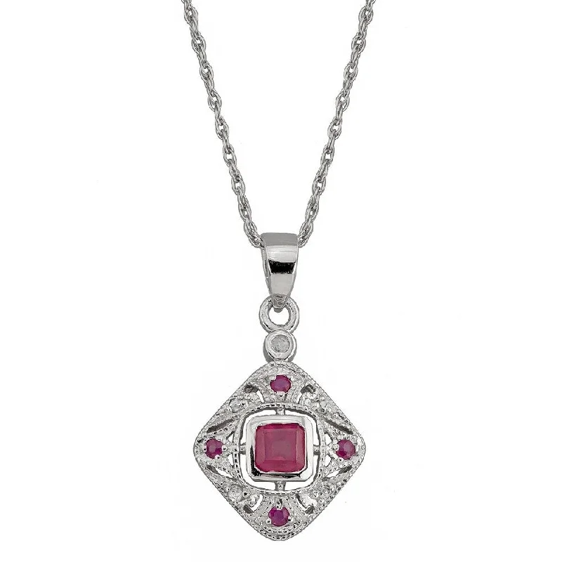 Amethyst pendant necklaces-Viducci 10k White Gold Vintage Style Ruby and Diamond Necklace