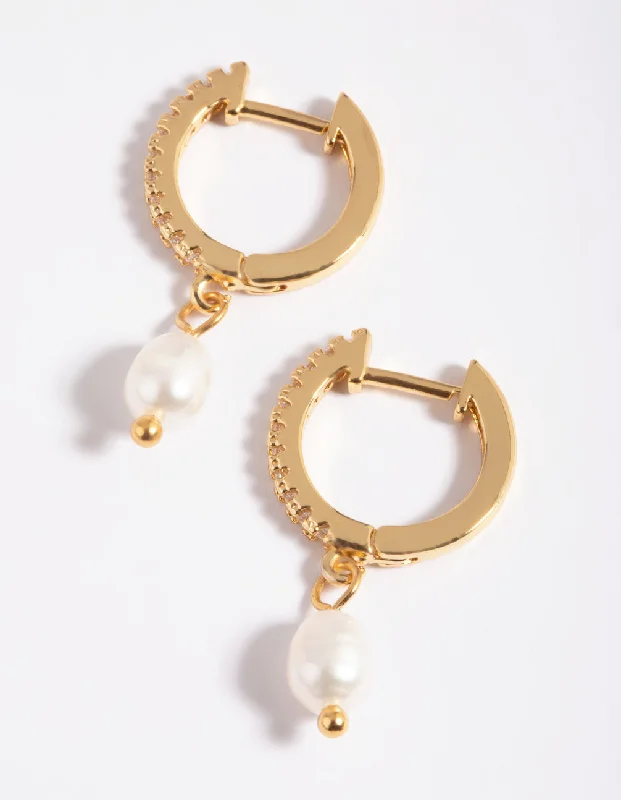 Worn medallion earrings-Gold Plated Brass Cubic Zirconia Pearl Huggie Hoop Earrings