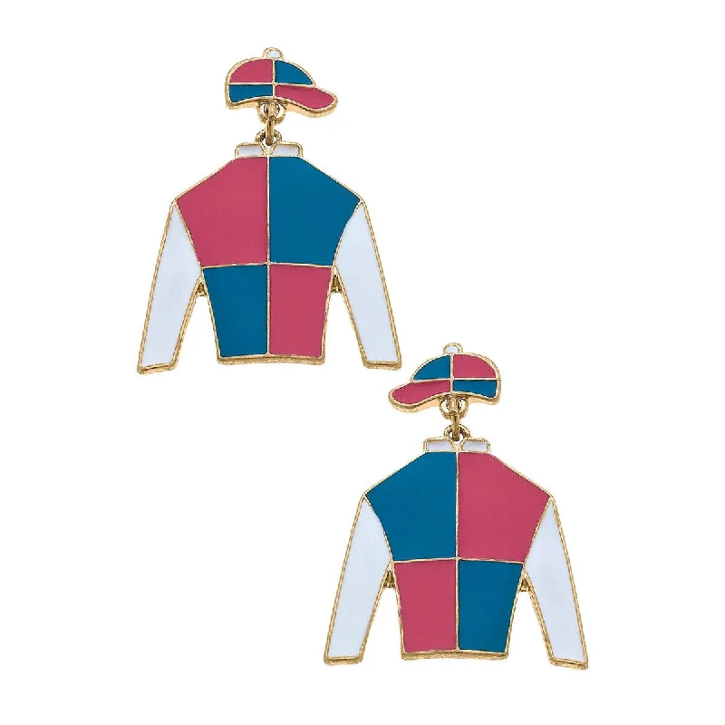 Radiant pearl earrings-Sir Barton Jockey Silk Enamel Drop Earrings in Fuchsia & Blu