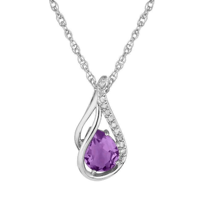 Retro deco necklaces-Viducci 10k White Gold Genuine Pear-shape Amethyst and Diamond Halo Drop Pendant Necklace