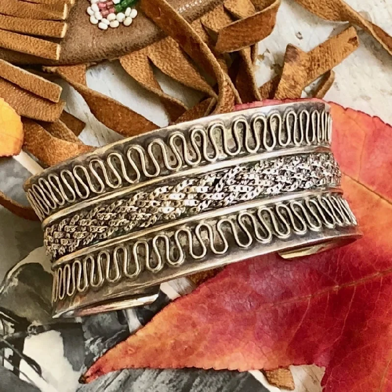 Polished word bangles-Sterling Silver Wide cuff Bracelet with Woven Appliqué