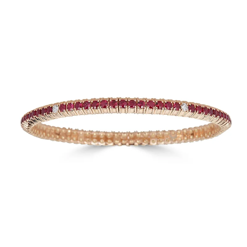 Bead row bangles-Yellow Gold Stretch Bracelet with Rubies