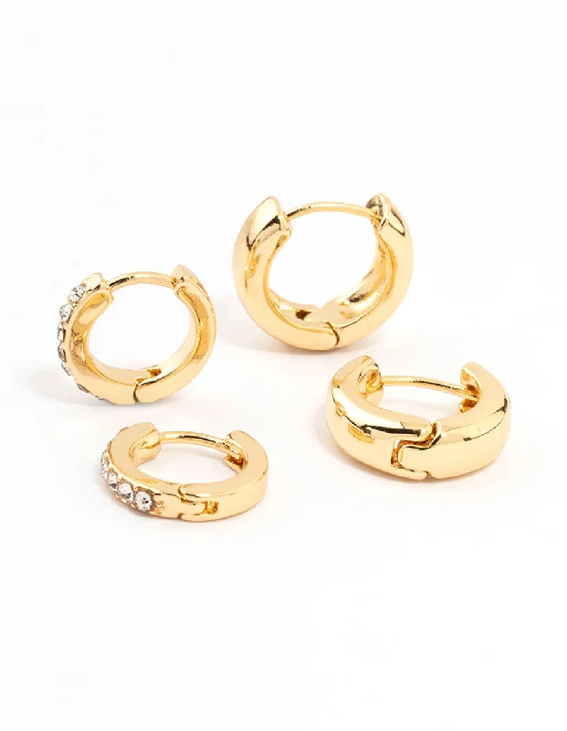 Bold cuff earrings-Gold Plated Diamante & Plain Huggie Earrings 2-Pack