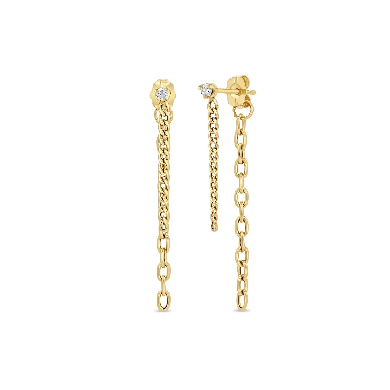 Lily motif earrings-14k Prong Diamond Mixed Chain Double Drop Earrings