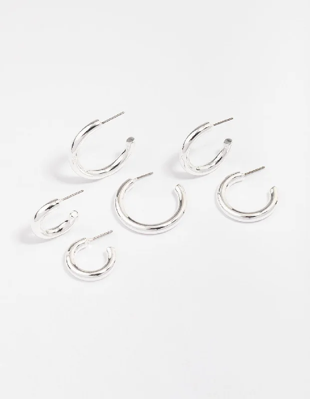 Petal hoop earrings-Silver Plated Chunky Modern Hoop Earring 3-Pack