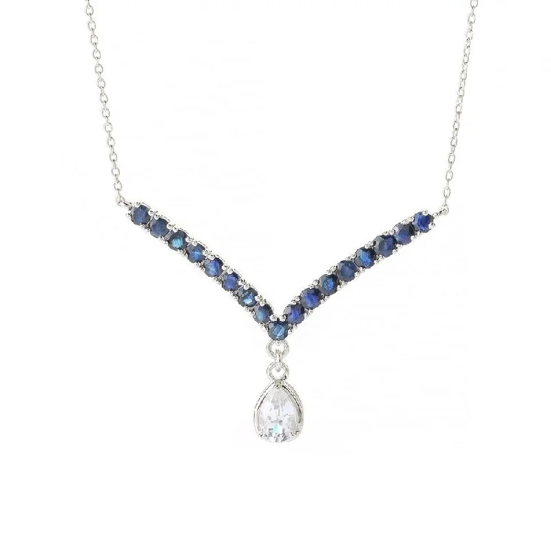 Spring clasp necklaces-SS/ 1.1ctw White Topaz & 2.3ctw Blue Sapphire Gemstone Y- Shape Necklace