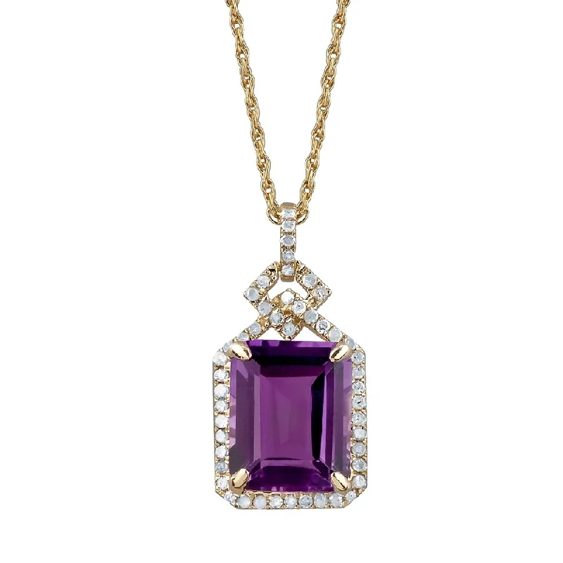 Turquoise healing necklaces-Viducci 10k Yellow Gold Genuine Emerald-cut Amethyst and 1/4ct Diamond Halo Necklace