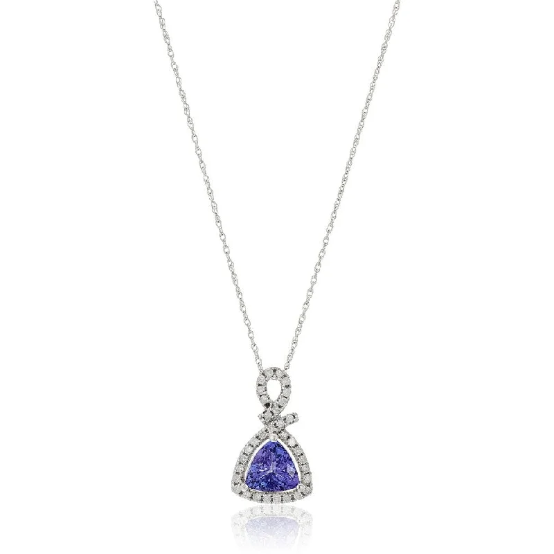 Worn medallion necklaces-14k White Gold 1 cttw Trillion Tanzanite and Diamond Halo Pendant Necklace, 18"