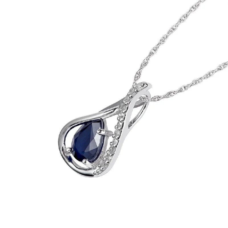 Nine-strand necklaces-Viducci 10k White Gold Genuine Pear-shape Sapphire and Diamond Halo Drop Pendant Necklace