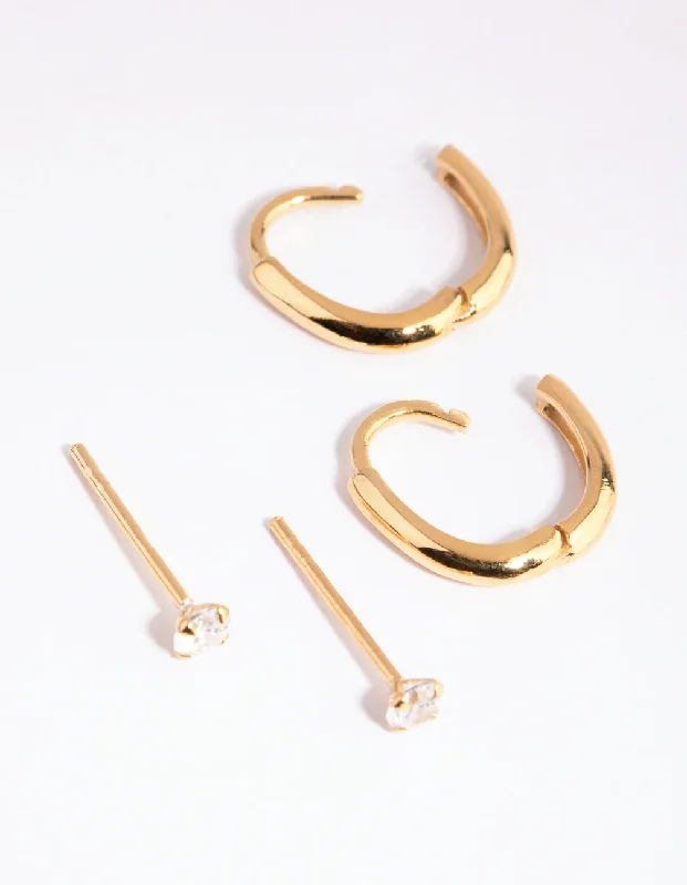 Fine bead earrings-Gold Plated Sterling Silver Diamante & Oval Huggie Earring Pack