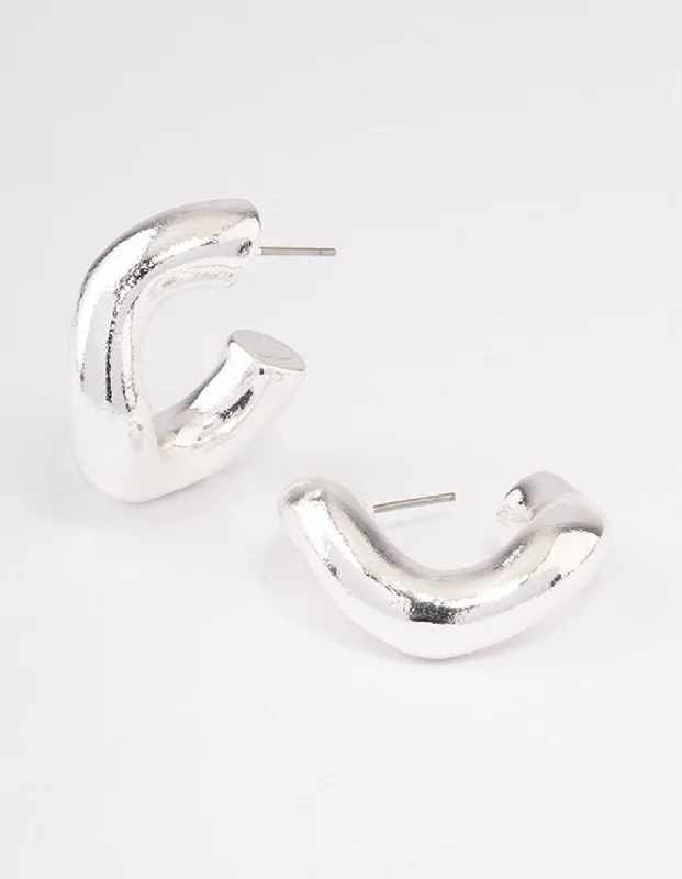 Wide statement earrings-Silver Wave Thick Hoop Earrings