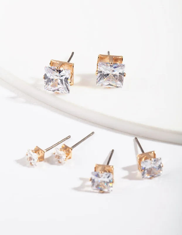 Wide bar earrings-Gold Square Cut Diamante Stud Pack