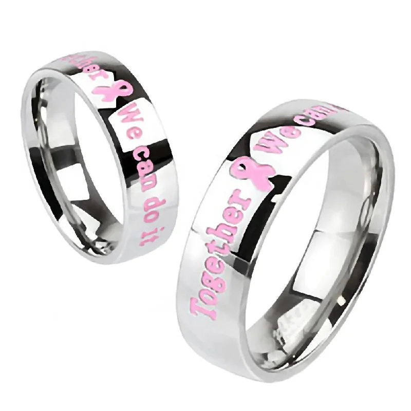 Vintage rose engagement rings-Rosalind: “Together We Can Do It" Pink Ribbon 316 Steel Fashion Ring