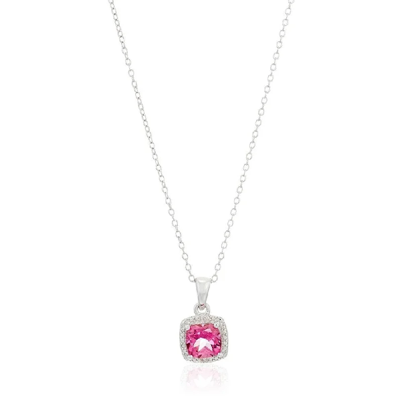 Lapis drop necklaces-Sterling Silver Cushion Pink Topaz & Diamond Accented Pendant Necklace 18"