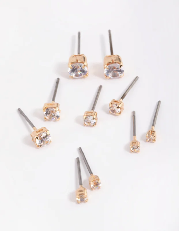 Pure gem earrings-Gold Diamante Stud Earring 5-Pack