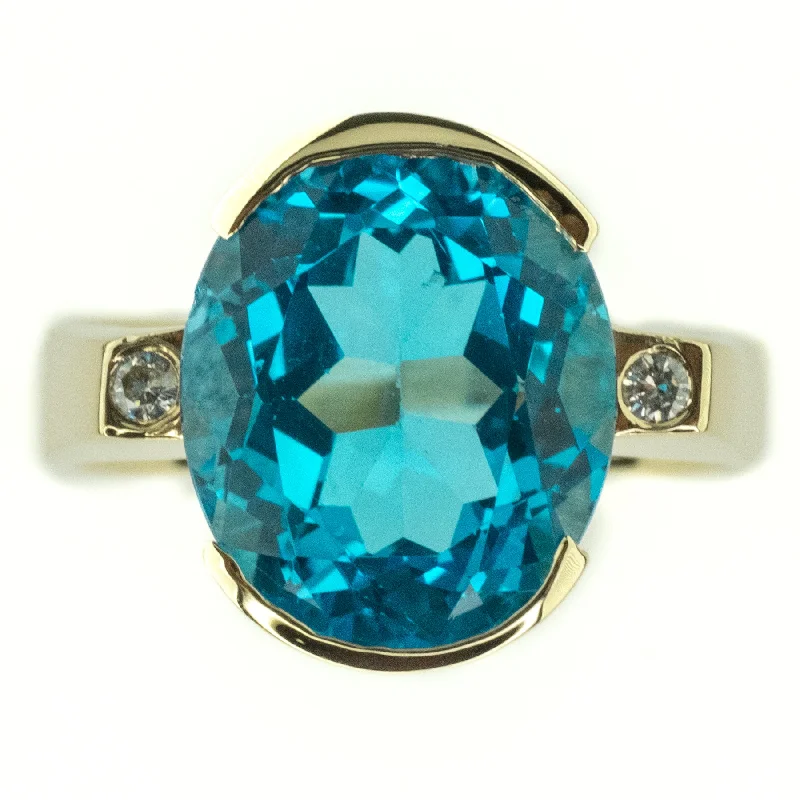 Topaz gem engagement rings-9.74ctw Blue Topaz with Diamond Accents Gemstone Ring in 14K Yellow Gold - Size 6