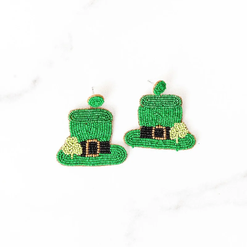 Alloy metal earrings-Beaded Leprechaun Hat Earrings