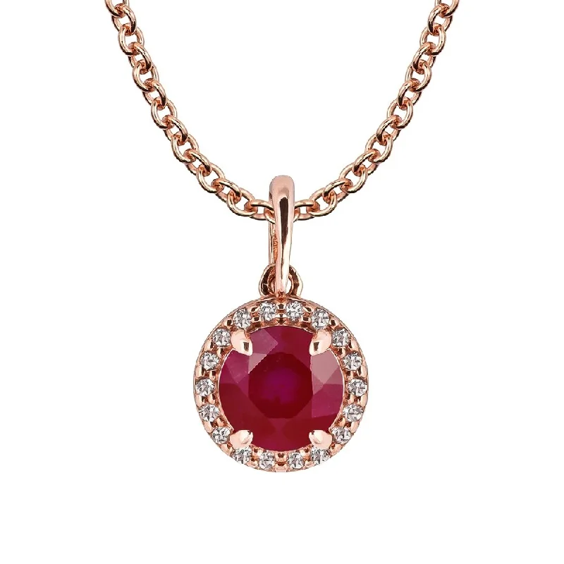 Drape-style necklaces-Viducci 10k Rose Gold Genuine Round Ruby and White Topaz Halo Pendant Necklace