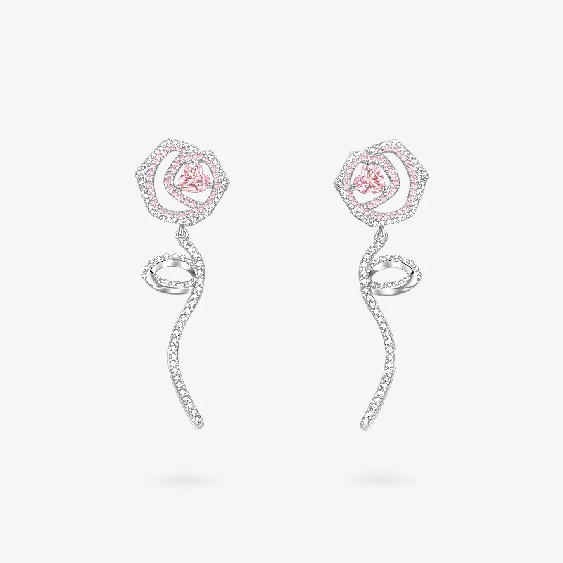 Surf motif earrings-"Rose Amour" Sterling Silver Long Drop Earrings