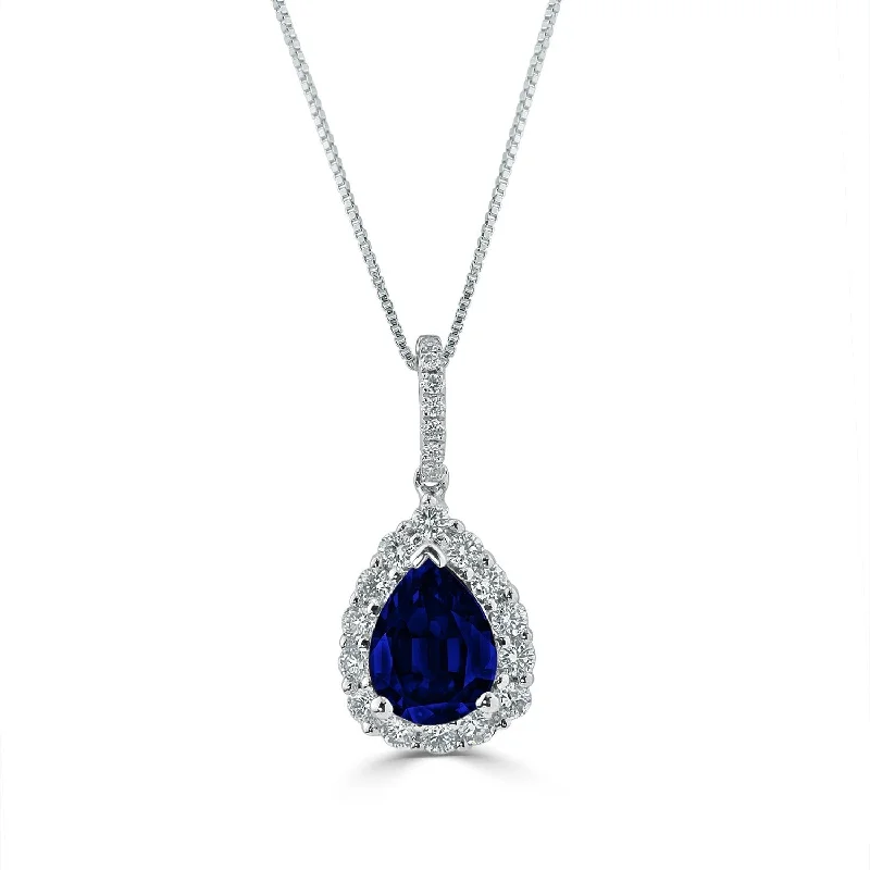 Worn style necklaces-Auriya 18k White Gold 1 1/3 ct. Pear-Shaped Blue Sapphire and Diamond Halo Necklace