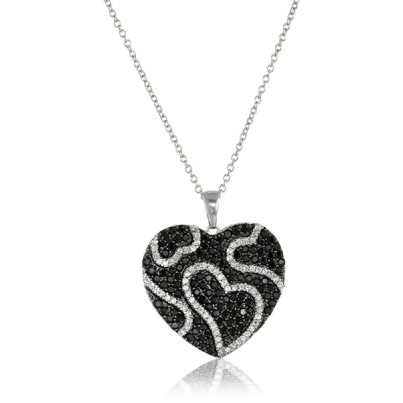 Thick bar necklaces-Sterling Silver 2.8ctw Black Spinel & Created White Sapphire Heart Necklace