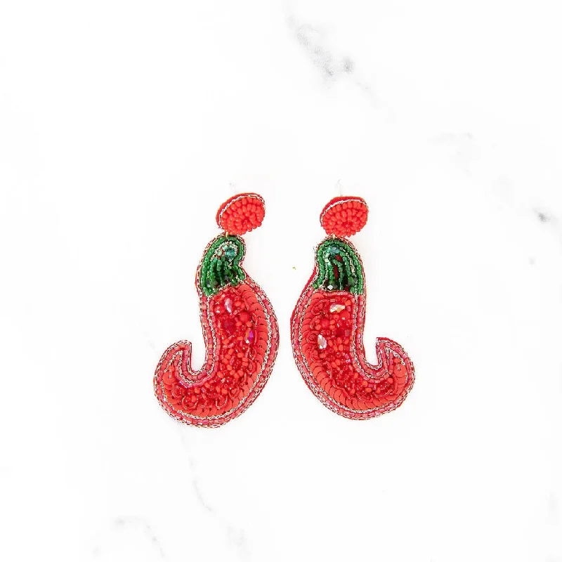 Thin pearl earrings-Beaded Red Hot Pepper Earrings