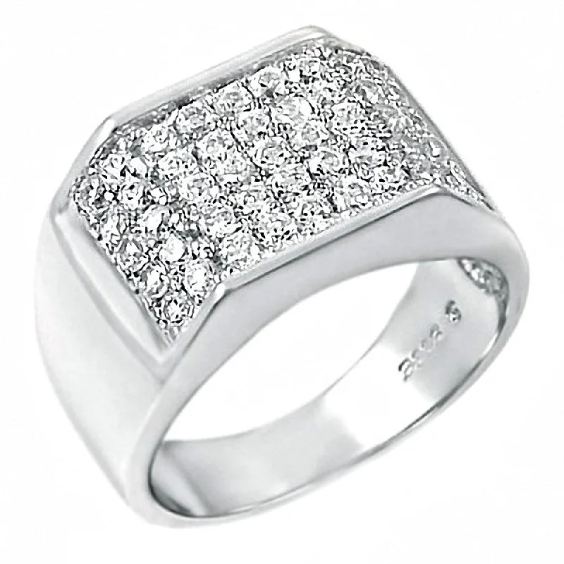 Oval stone engagement rings-Mens Sterling Silver 5 Row 1.35 carat Russian Ice CZ Pave Bling Ring