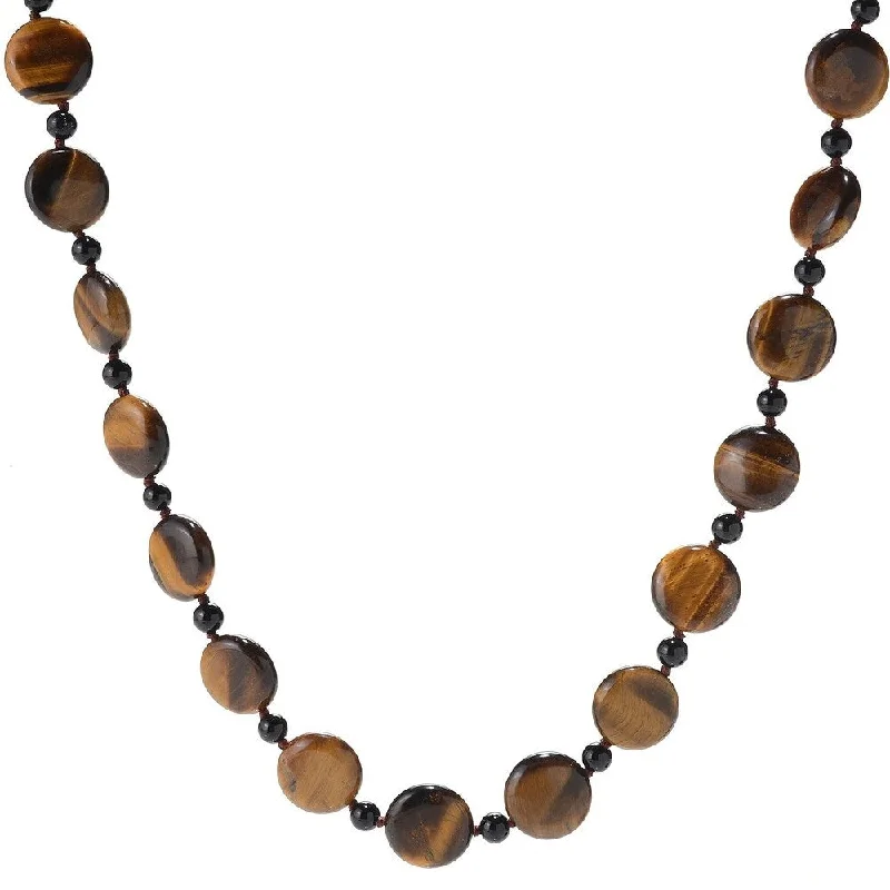 Turquoise healing necklaces-28" 18mm Coin Shaped Tiger Eye & Onyx Beaded Endless Necklace