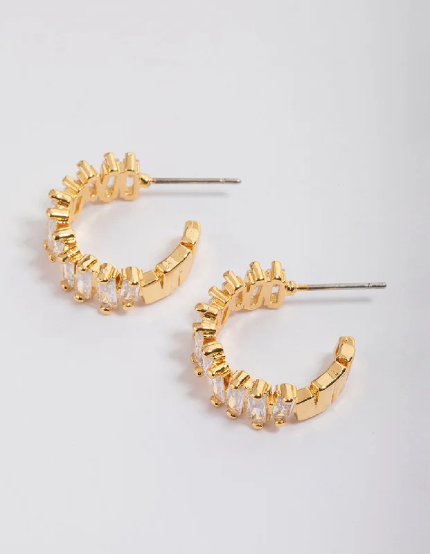 Flat knot earrings-Gold Plated Organic Cubic Zirconia Baguette Hoop Earrings