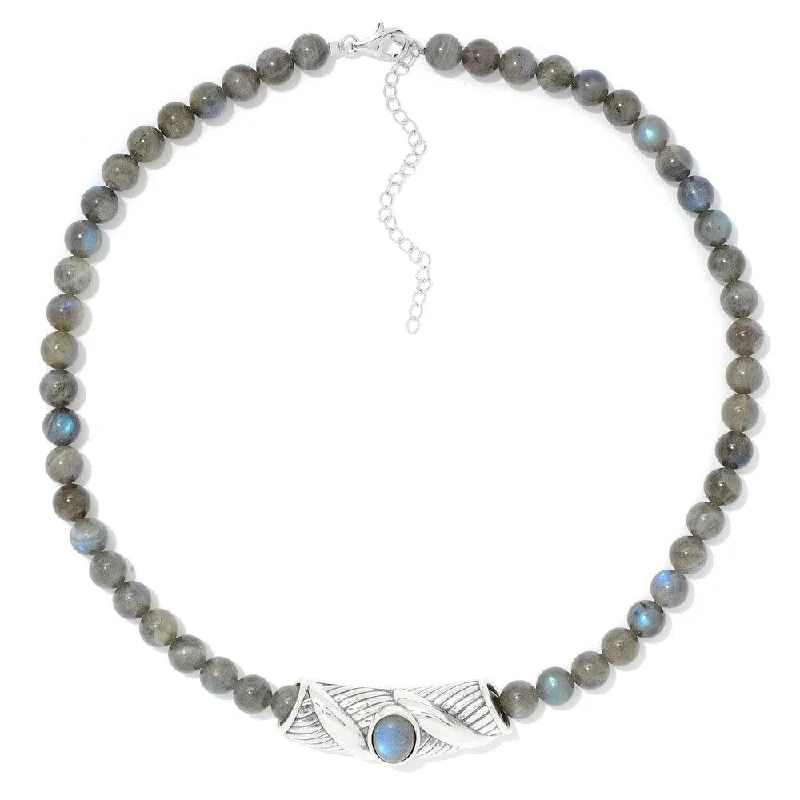 Oval shape necklaces-Sterling Silver Oval Labradorite Slide Pendant & 18" Bead Necklace