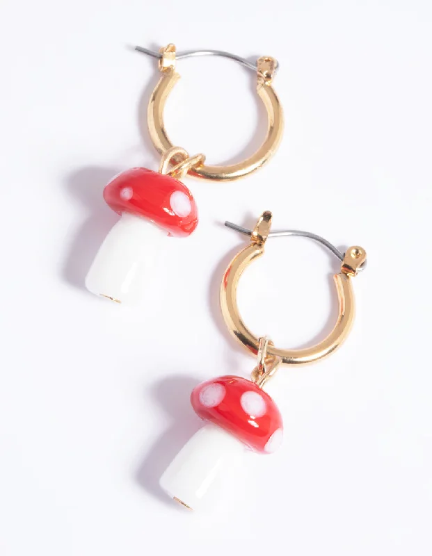 Woven cord earrings-90s Red Mushroom Huggie Hoop Earrings