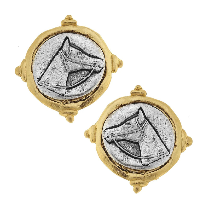 Playful pair earrings-Susan Shaw - Gold and Silver Intaglio Horse Earrings