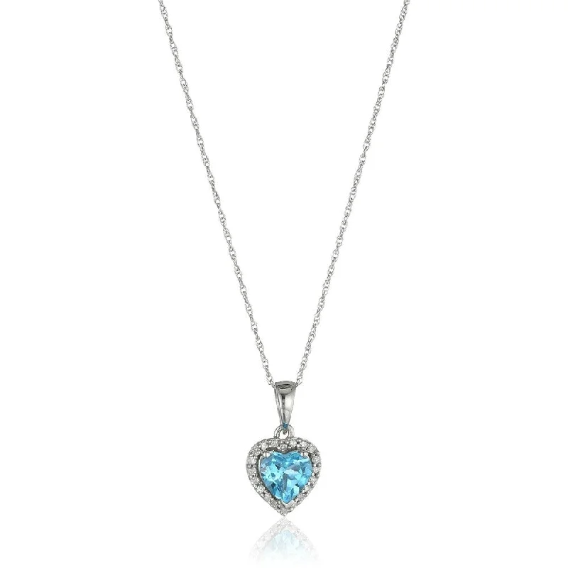 Polished bead necklaces-10k White Gold Swiss Blue Topaz Heart and Diamond Pendant Necklace, (1/10 cttw H-I Color, I1-I2 Clarity), 18"