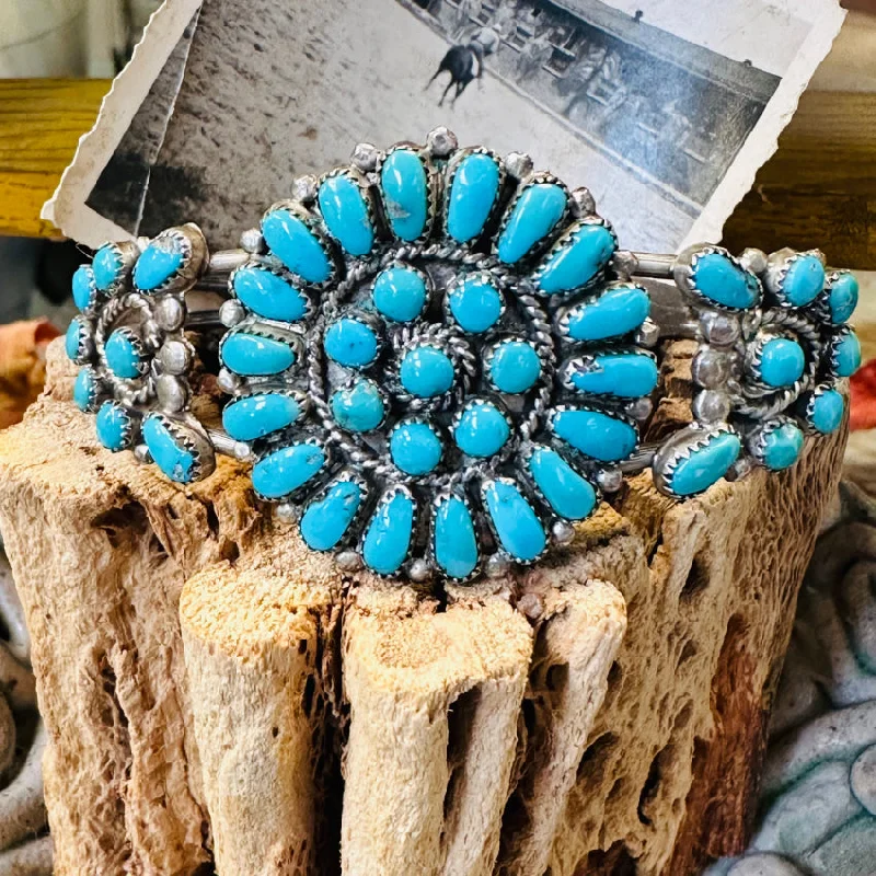 Bead charm bangles-Vintage Signed Zuni Sterling Silver Petit Point Turquoise Rosette Bracelet