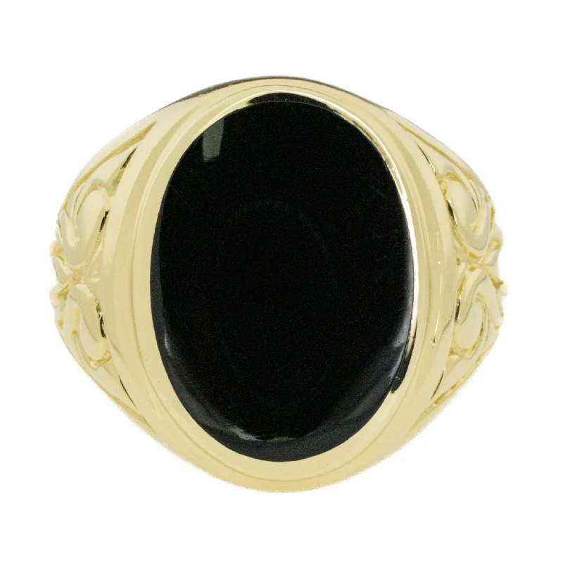 Deco design engagement rings-14K Yellow Gold Men's Black Onyx Solitaire Gemstone Ring - Size 10.5