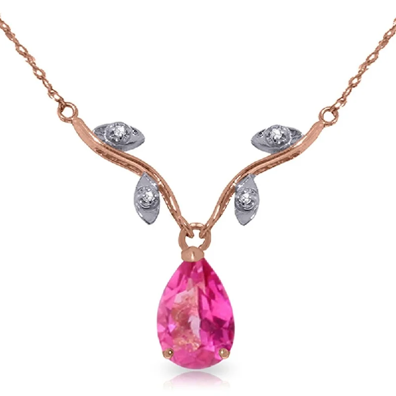 Topaz drop necklaces-14K Solid Rose Gold Necklace withNatural Diamond & Pink Topaz