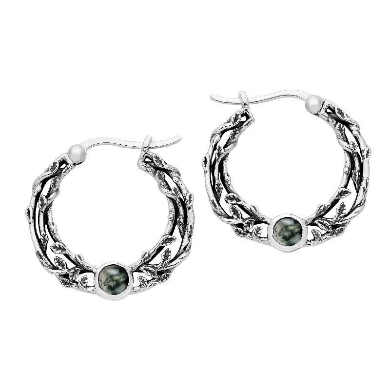 Silk tassel earrings-FOLKLORE - Moss Agate & Sterling Silver Hoops