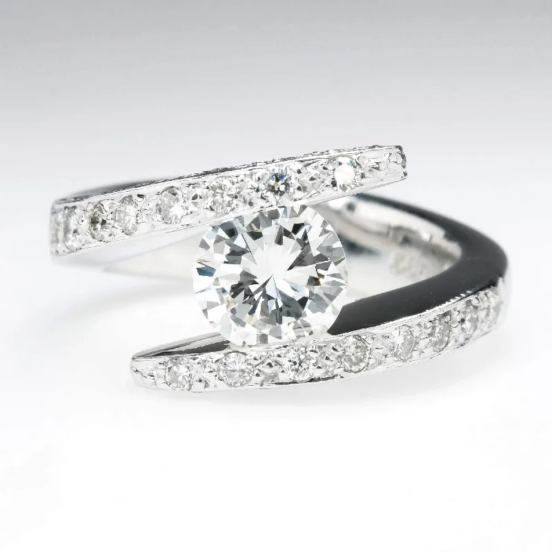 Cedar grain engagement rings-1.21ct Round VS2/G Diamond Bypass Statement Ring in 14K White Gold