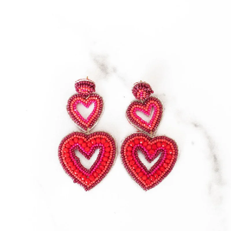 Thin pearl earrings-Double Tier Open Heart Beaded Earrings