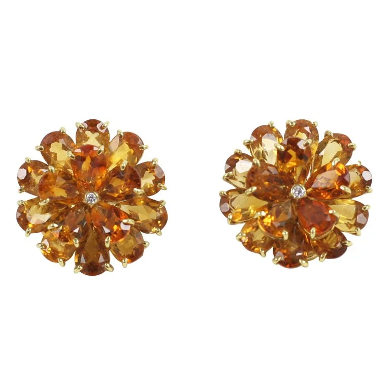 Topaz stud earrings-Citrine Double Tier Flower Earrings with Diamond