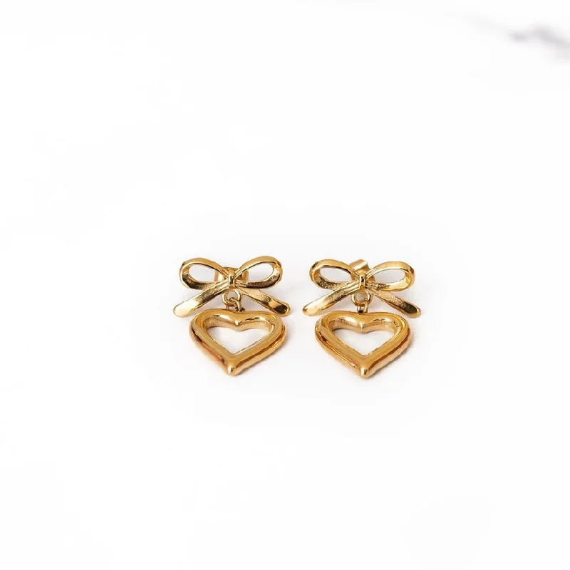 Wide bar earrings-Bow + Heart Stainless Steel Drop Earrings