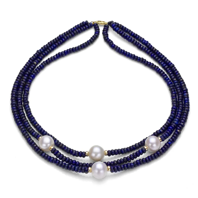 Fine bead necklaces-DaVonna 14k Gold 3-row Blue Lapis and White FW Pearl Necklace (11-12 mm)