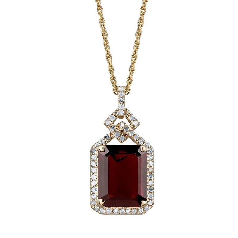 Braided link necklaces-Viducci 10k Yellow Gold Genuine Emerald-cut Garnet and 1/4ct Diamond Halo Necklace