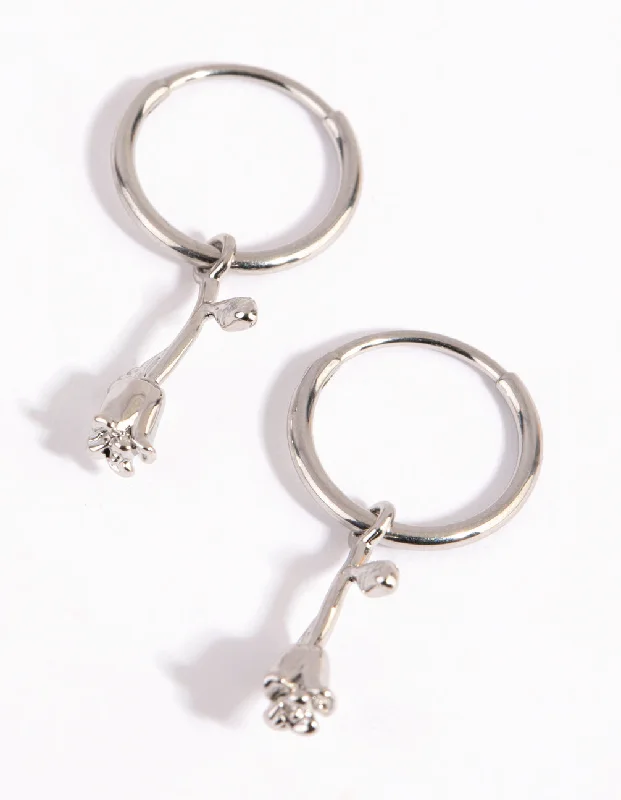 Lily motif earrings-Surgical Steel Hanging Rose Hoop Earrings