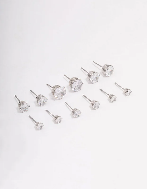 Twine bead earrings-Silver Classic Round Cubic Zirconia Earring 6-Pack