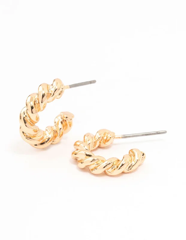 Half moon earrings-Gold Thick Twisted Rope Huggie Earrings