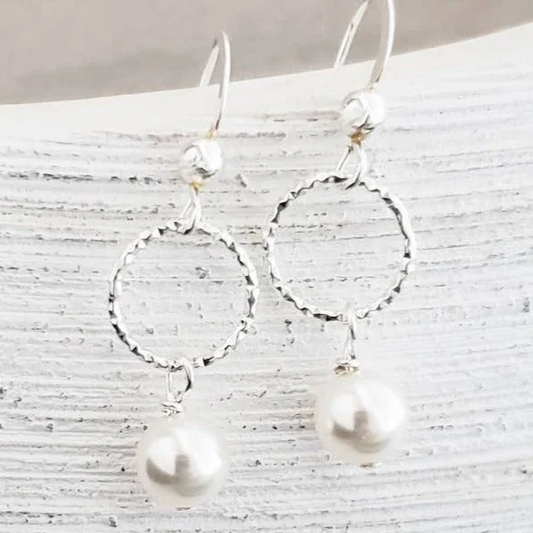 Wave design earrings-Silver Diamond Cut w/Crystal Pearls Earrings- White